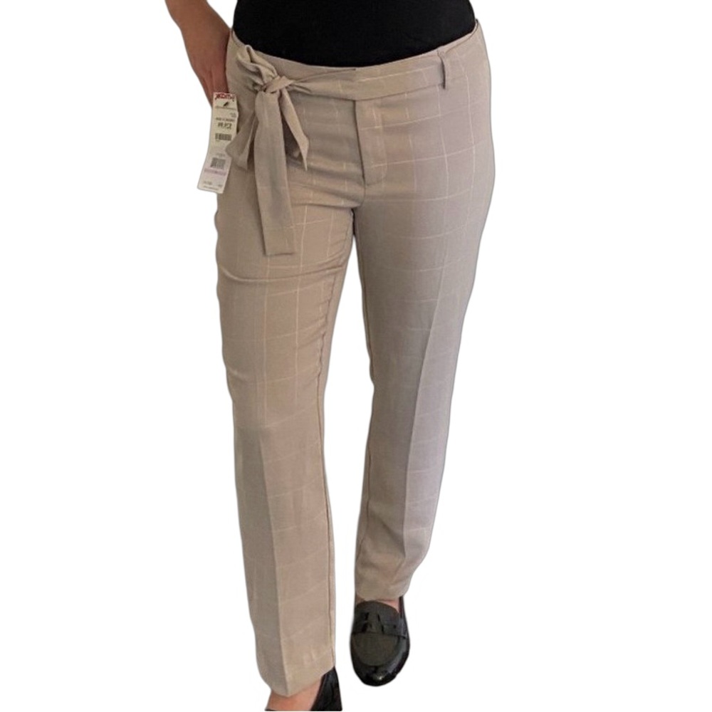 Calvin Klein NWT Slim Fit Tie Waist Beige Sand Checked Pants Trousers Size 2